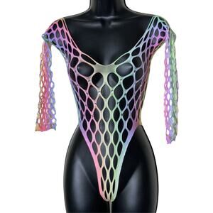 New Small Rhinestone Rainbow Fishnet Bodysuit Gay Pride Leotard Bikini Swim Rave